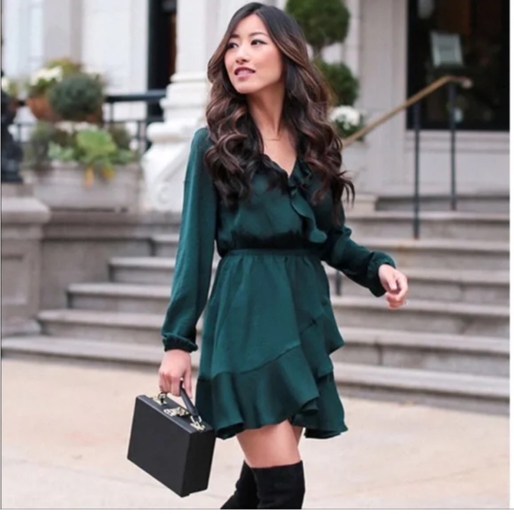 Express Ruffle Winter Green mini faux wrap dress